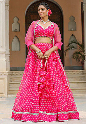 Tie Dye Printed Pure Organza Lehenga in Fuchsia