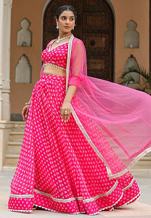 Tie Dye Printed Pure Organza Lehenga in Fuchsia