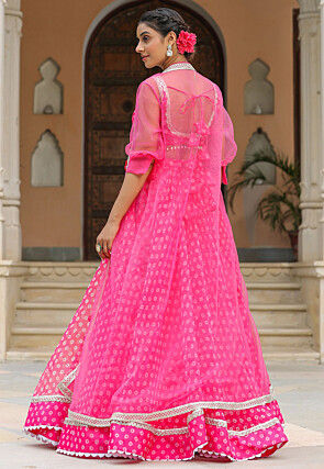 Tie Dye Printed Pure Organza Lehenga in Fuchsia