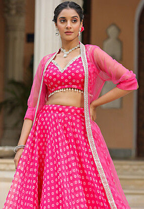 Tie Dye Printed Pure Organza Lehenga in Fuchsia