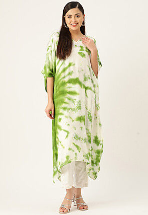 Tie Dye Printed Rayon Kaftan in Off White and Green