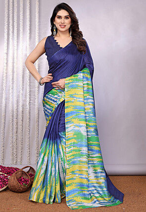 Tie Dye Printed Tussar Silk Saree in Navy Blue