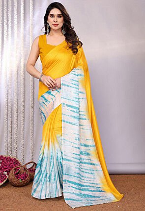 Tie Dye Printed Tussar Silk Saree in Yellow