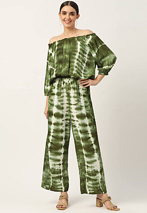 Tie Dye Printed Viscose Rayon Co Ord Set in Dark Green