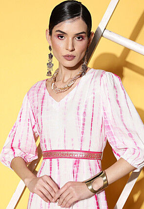 Tie Dye Printed Viscose Rayon Fit N Flare Dress in White