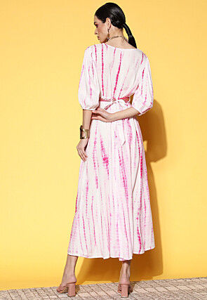 Tie Dye Printed Viscose Rayon Fit N Flare Dress in White