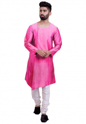 Tie Dye Pure Silk Asymmetric Kurta Set in Pink