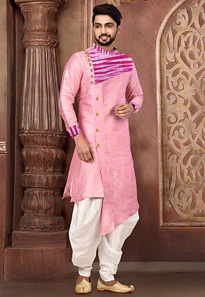 Tie Dyed Art Silk Asymmetric Kurta in Pink