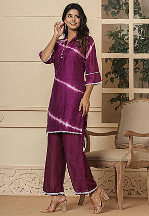 Tie Dyed Chanderi Silk High Low Tunic Set in Dark Purple