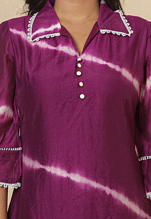 Tie Dyed Chanderi Silk High Low Tunic Set in Dark Purple