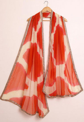 Tie Dyed Chiffon Dupatta in Orange and Off White