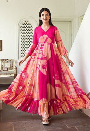 Tie Dyed Chiffon Gown in Peach and Fuchsia