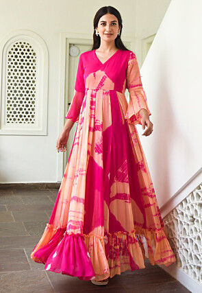 Tie Dyed Chiffon Gown in Peach and Fuchsia