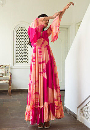 Tie Dyed Chiffon Gown in Peach and Fuchsia