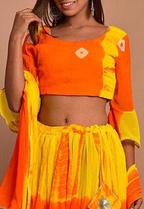 Tie Dyed Chiffon Lehenga in Shaded Orange and Yellow
