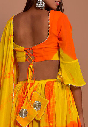 Tie Dyed Chiffon Lehenga in Shaded Orange and Yellow