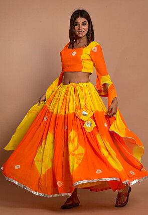 Tie Dyed Chiffon Lehenga in Shaded Orange and Yellow