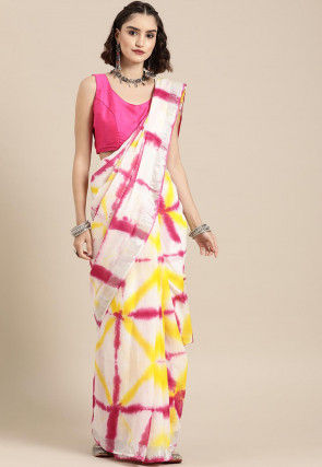 Tie Dyed Cotton Linen Saree in Off White and Fuchsia
