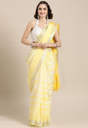 Tie Dyed Cotton Linen Saree in Off White and Yellow