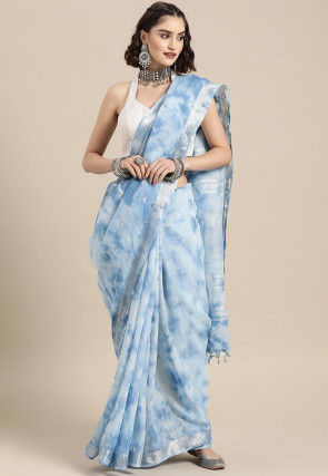 Tie Dyed Cotton Linen Saree in Sky Blue