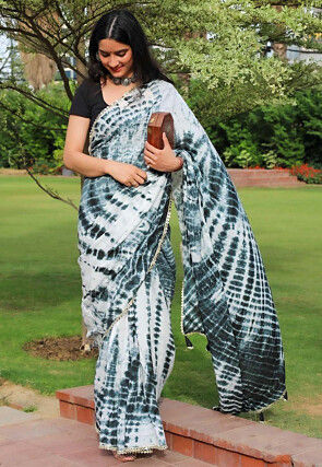 Tie Dyed Cotton Mul Mul Saree in White and Black