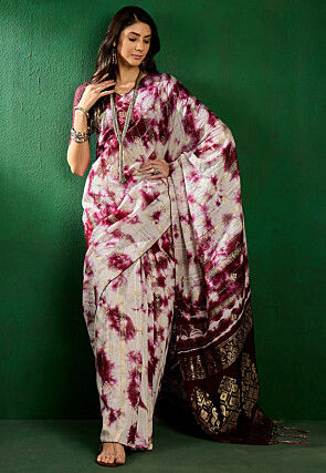 Tie Dyed Cotton Silk Saree in Off White and Magenta
