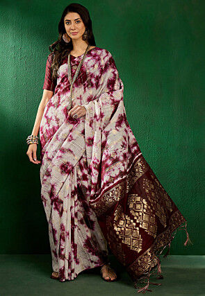 Tie Dyed Cotton Silk Saree in Off White and Magenta