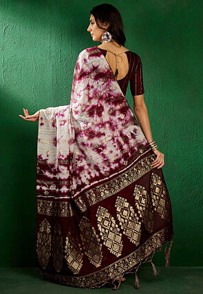 Tie Dyed Cotton Silk Saree in Off White and Magenta