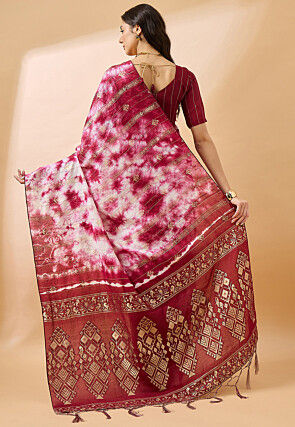 Tie Dyed Cotton Silk Saree in Off White and Magenta