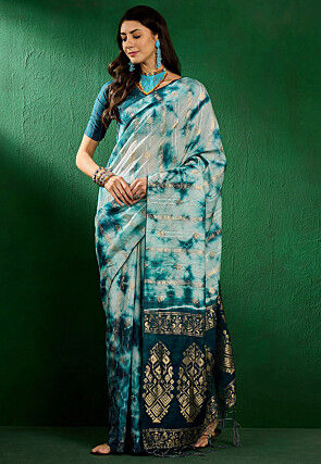 Tie Dyed Cotton Silk Saree in Off White and Teal Blue