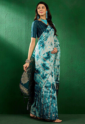 Tie Dyed Cotton Silk Saree in Off White and Teal Blue