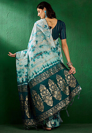 Tie Dyed Cotton Silk Saree in Off White and Teal Blue