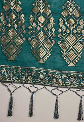 Tie Dyed Cotton Silk Saree in Off White and Teal Blue