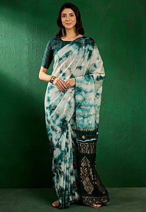 Tie Dyed Cotton Silk Saree in Off White and Teal Blue