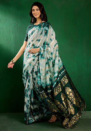 Tie Dyed Cotton Silk Saree in Off White and Teal Blue