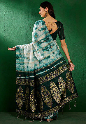 Tie Dyed Cotton Silk Saree in Off White and Teal Blue