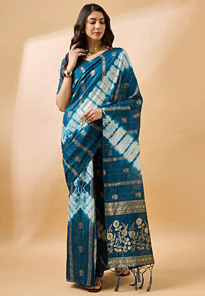 Tie Dyed Cotton Silk Saree in Teal Blue
