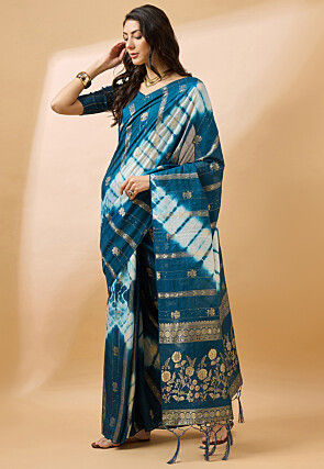 Tie Dyed Cotton Silk Saree in Teal Blue