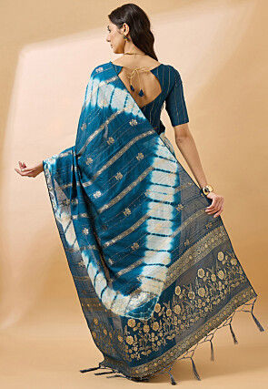 Tie Dyed Cotton Silk Saree in Teal Blue