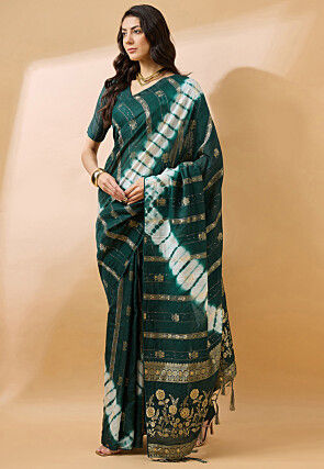 Tie Dyed Cotton Silk Saree in Teal Green