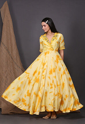 Tie Dyed Crepe Tiered Dress in Yellow