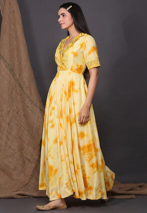 Tie Dyed Crepe Tiered Dress in Yellow