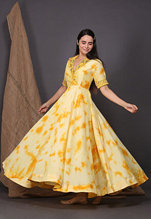 Tie Dyed Crepe Tiered Dress in Yellow
