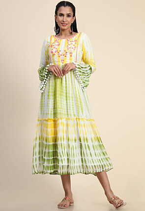 Tie Dyed Georgette Midi Dress in Yellow and Green