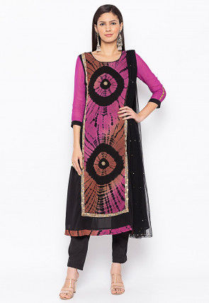Tie Dyed Georgette Pakistani Suit in Magenta and Rust