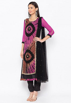 Tie Dyed Georgette Pakistani Suit in Magenta and Rust