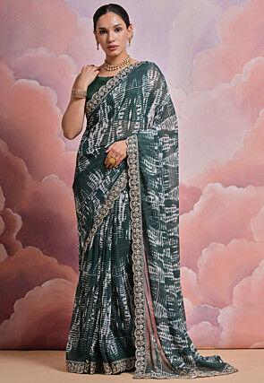 Tie Dyed Georgette Scalloped Saree in Dark Green