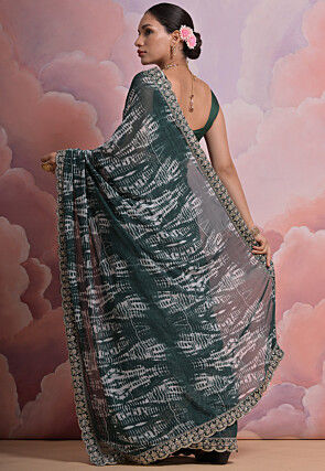 Tie Dyed Georgette Scalloped Saree in Dark Green