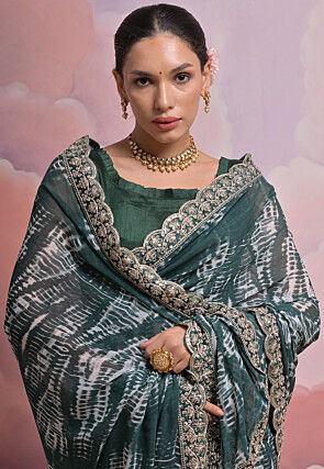 Tie Dyed Georgette Scalloped Saree in Dark Green