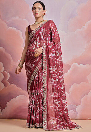 Tie Dyed Georgette Scalloped Saree in Maroon